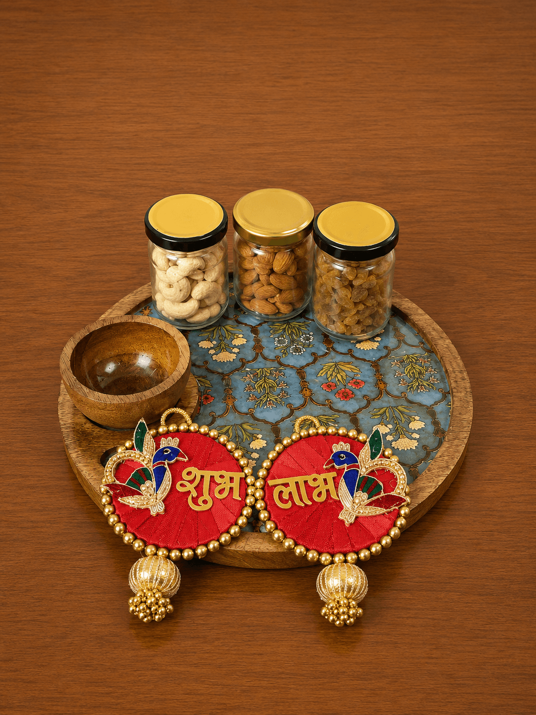 Round Platter with bowl + Shubh Labh + Dry Fruits