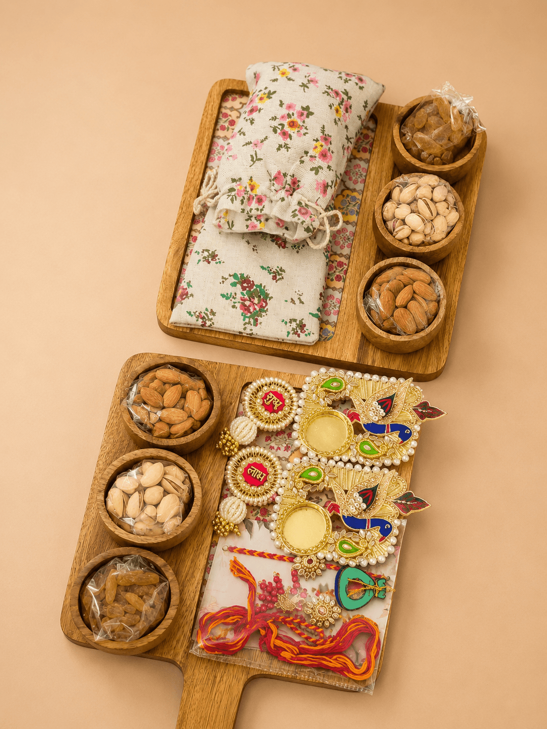 Platter with 3 bowls + Dry Fruits + Shubh Labh + Tealights + Rakhi